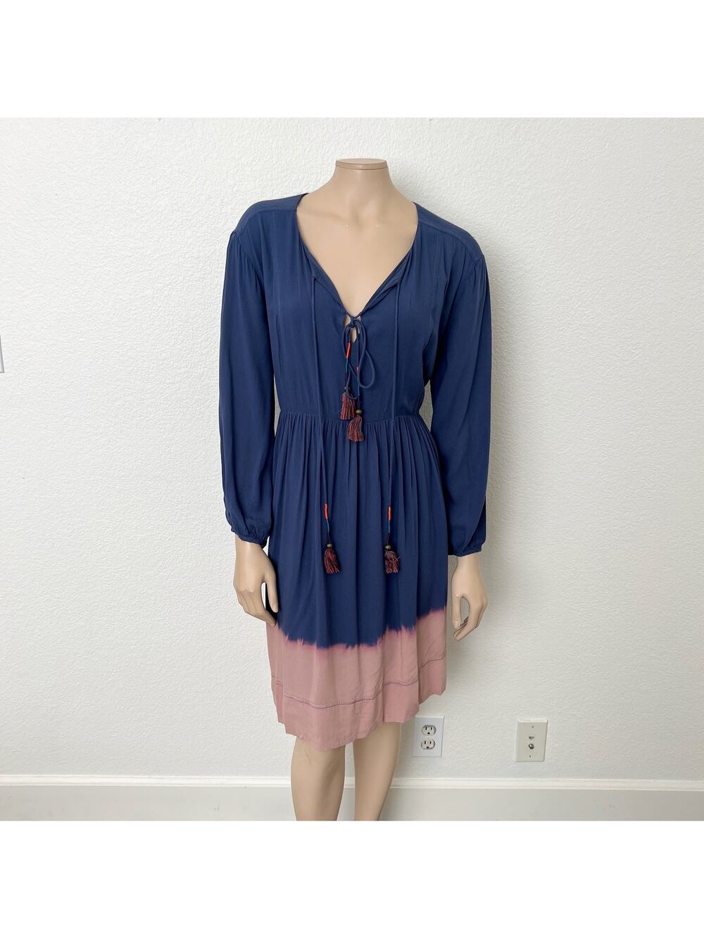 [Anthropologie] Holding Horses Blue Dip Dye Tie Front Peasant Mini Dress Size 14